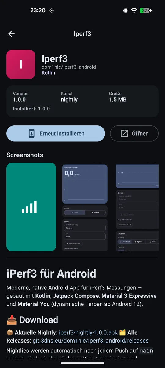 Detailansicht einer App mit Version, Screenshots und README