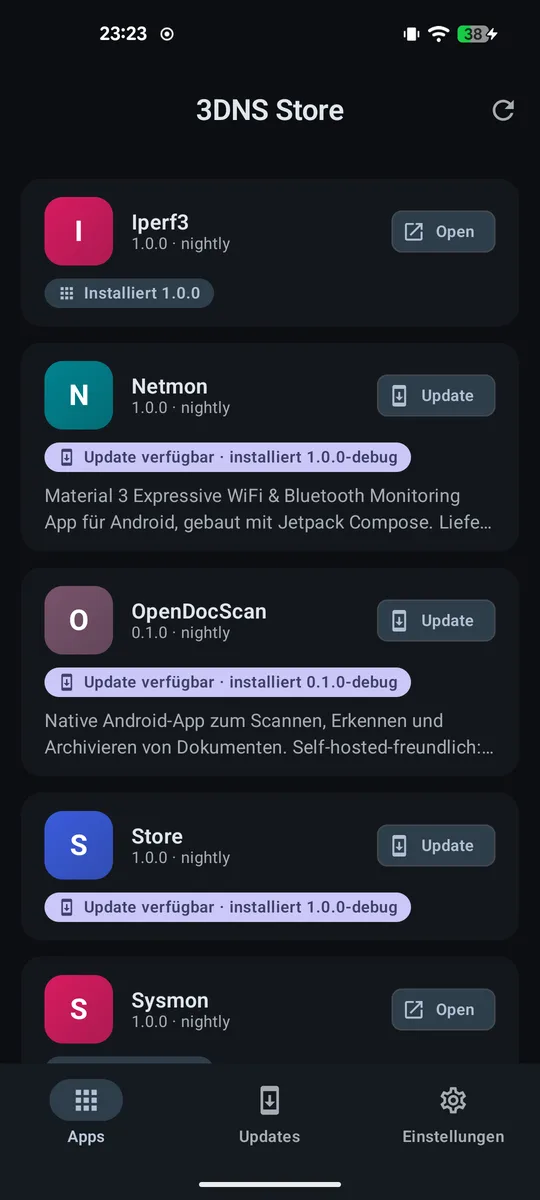 App-Liste des 3DNS Store mit installierten Apps und verfügbaren Updates