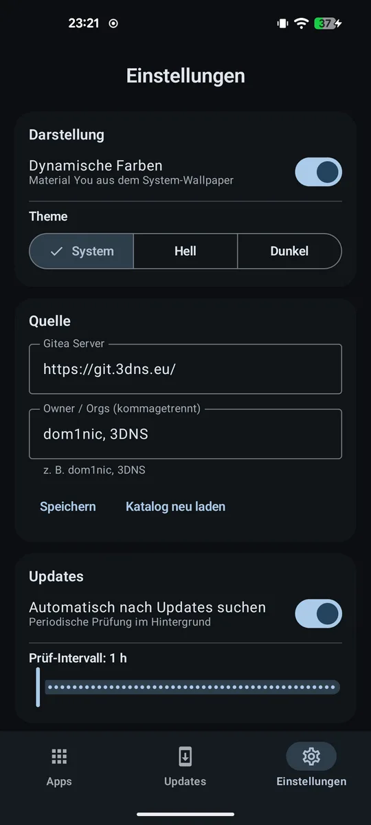 Einstellungen mit Darstellung, Gitea-Quelle und Update-Intervall
