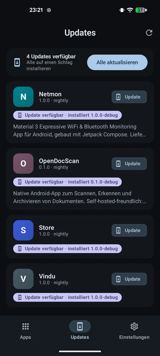 Updates-Tab mit Banner „Alle aktualisieren“