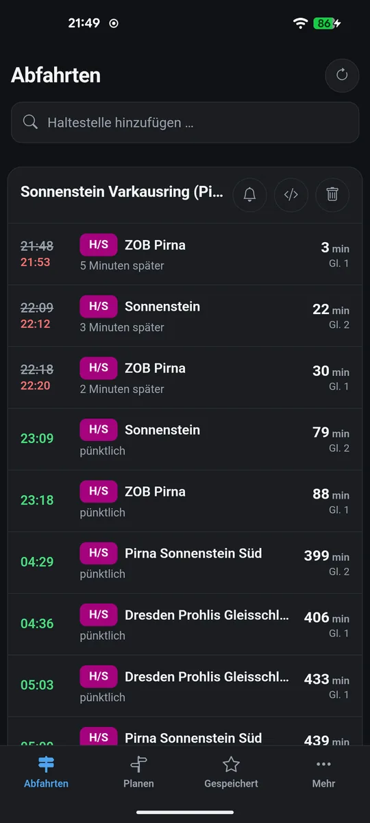 Abfahrten einer Haltestelle mit Echtzeit und Verspätungen