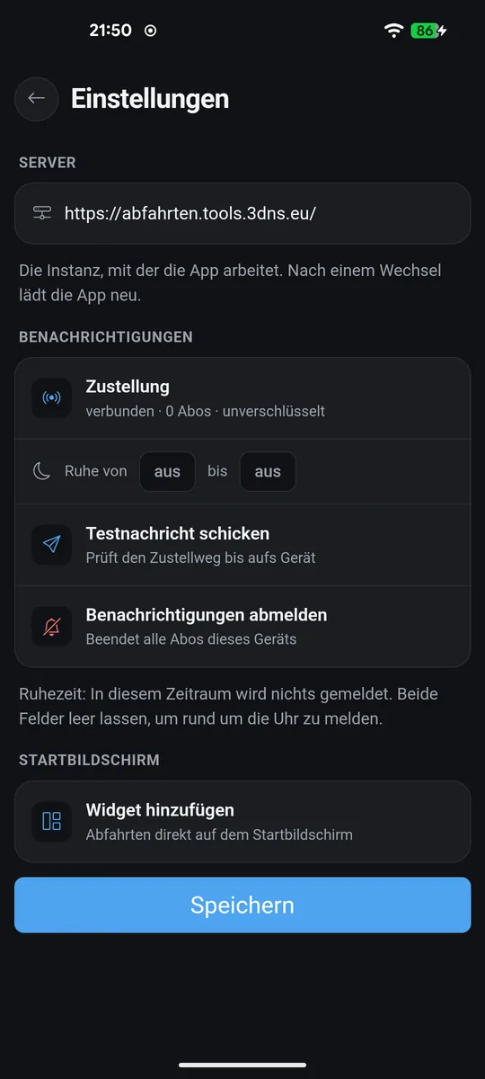 Einstellungen mit Server, Benachrichtigungen und Widget
