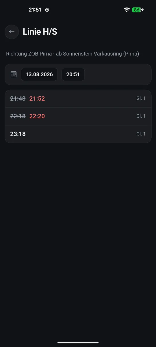 Fahrplan einer Linie mit Echtzeit-Abweichungen