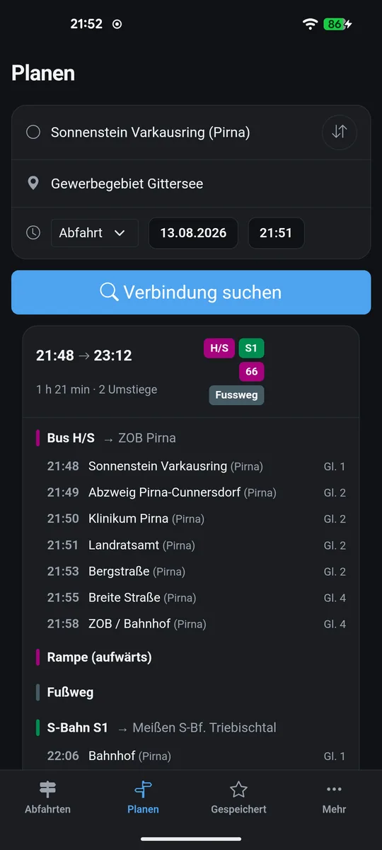 Verbindungssuche mit aufgeklappter Route und Umstiegen