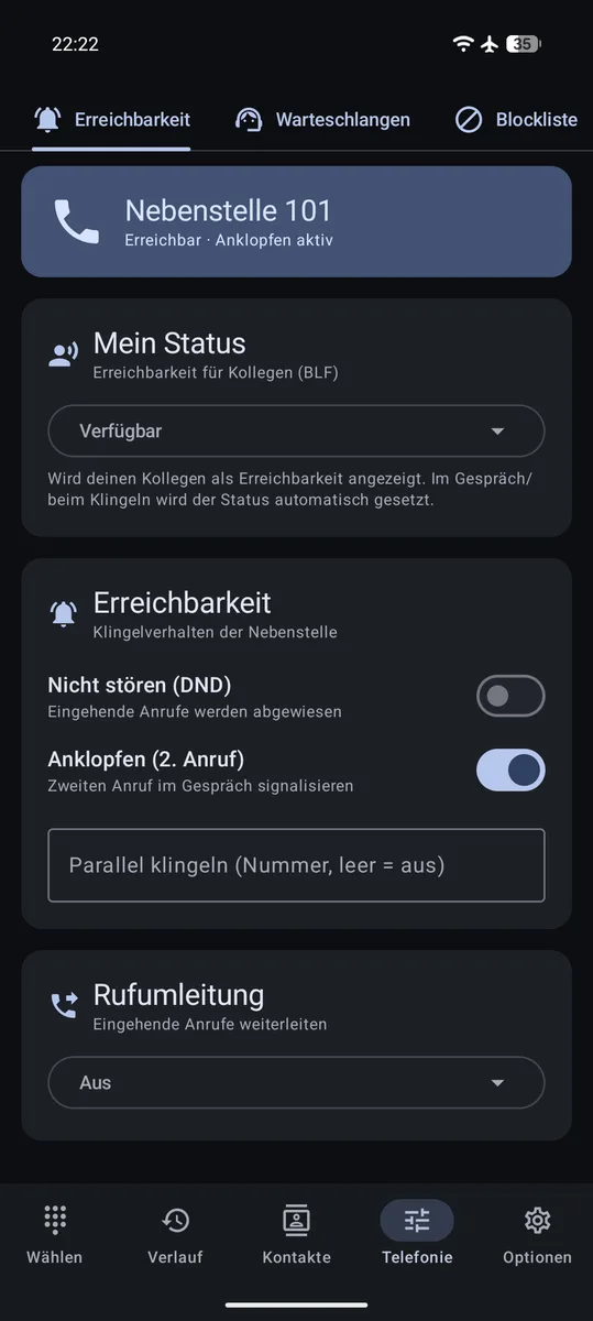Telefonie-Tab mit Status, Erreichbarkeit und Rufumleitung