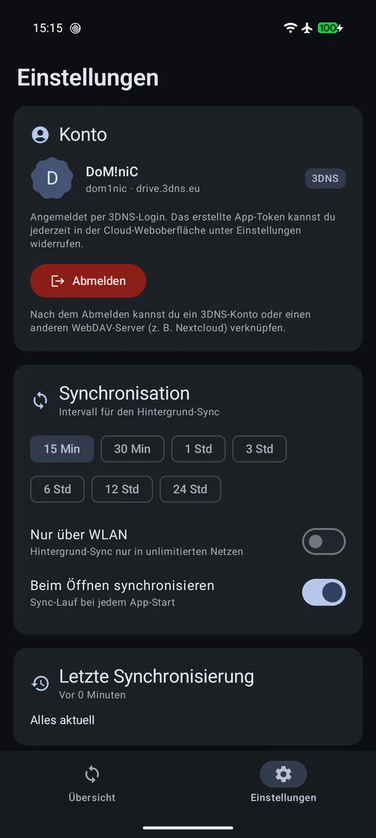 Einstellungen mit 3DNS-Konto, Sync-Intervall und WLAN-Option