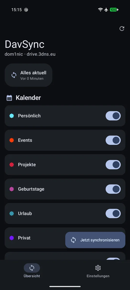 DavSync Übersicht mit Sync-Status und aktivierbaren Kalendern