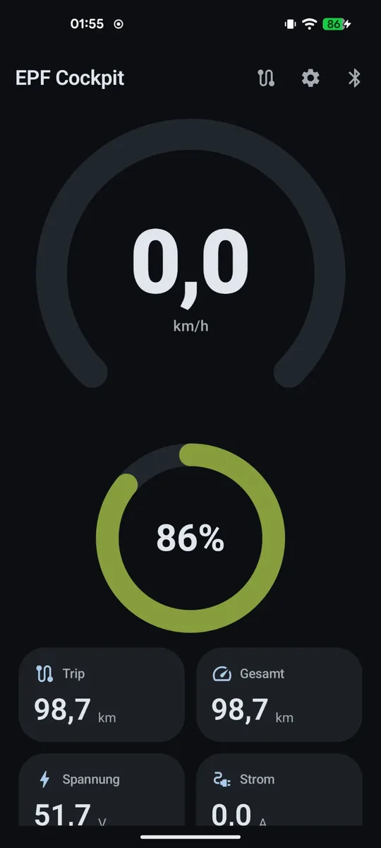 Dashboard mit Tacho-Ring, Akku-Anzeige und Werte-Kacheln