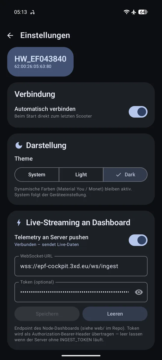 Einstellungen mit Verbindung, Theme-Auswahl und Live-Streaming