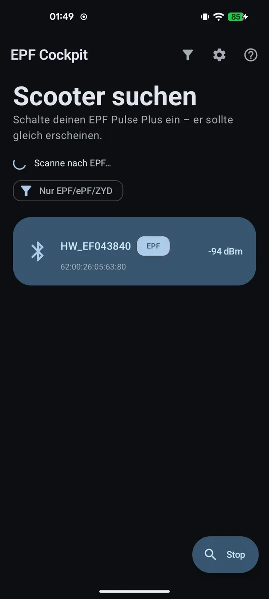 Scooter-Suche per Bluetooth mit gefundenem Gerät und Signalstärke
