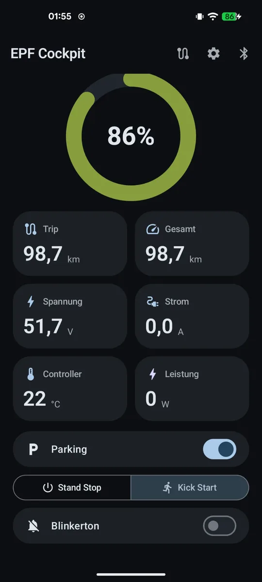 Dashboard-Steuerung mit Parken-Schalter, Modus-Umschalter und Blinkerton