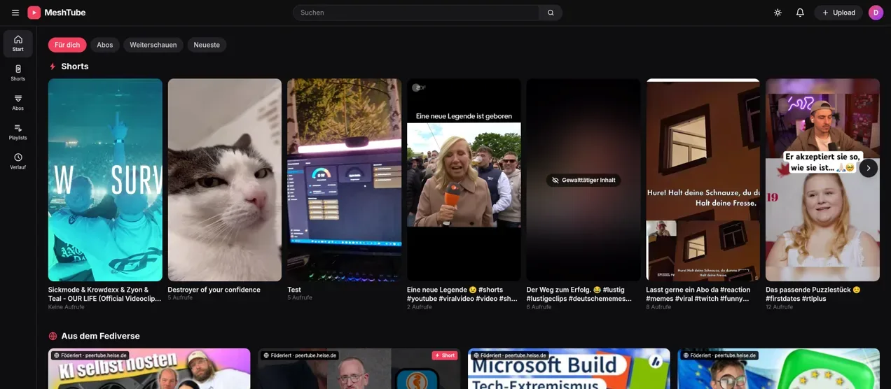 MeshTube-Startseite mit Shorts-Leiste und Videos aus dem Fediverse