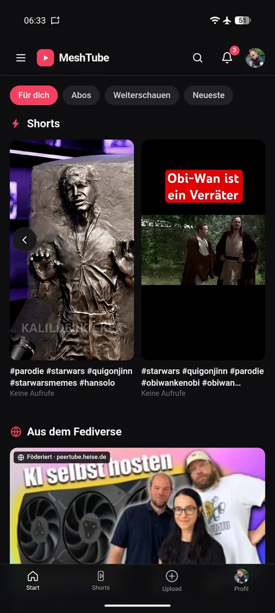 Mobile Startseite der MeshTube-App