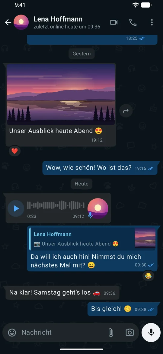Einzelchat mit Foto, Sprachnachricht mit Wellenform, zitierter Antwort, Reaktionen und Lesebestätigungen
