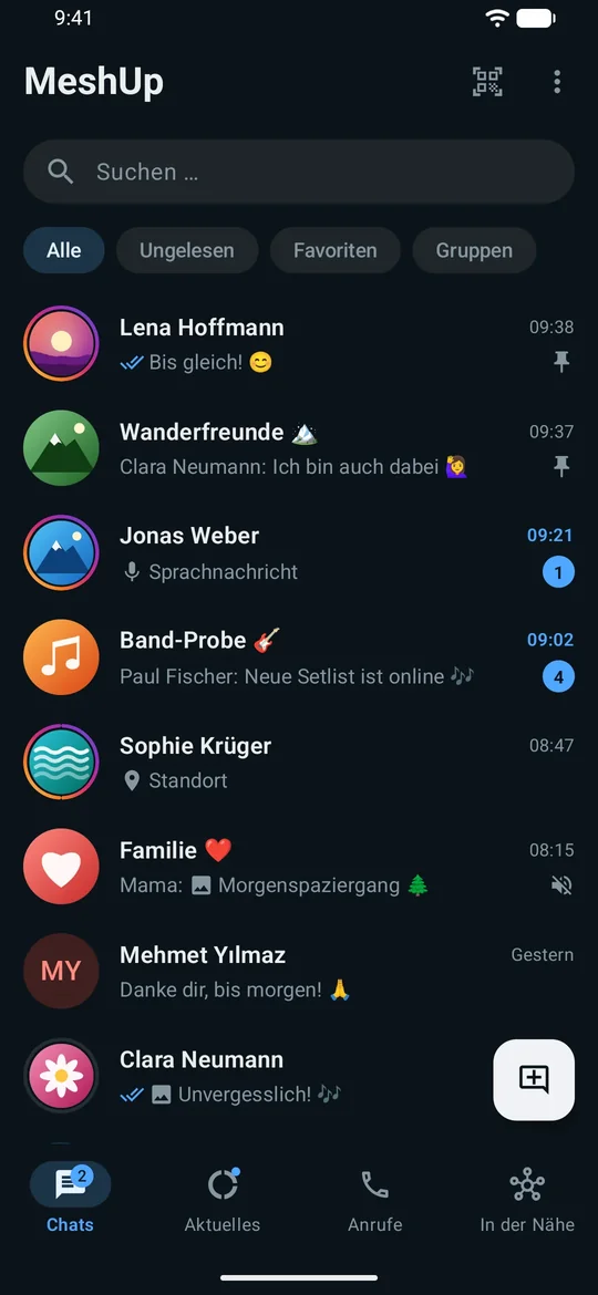 Chatliste mit Einzel- und Gruppenchats, Profilbildern, ungelesenen Nachrichten und angehefteten Chats