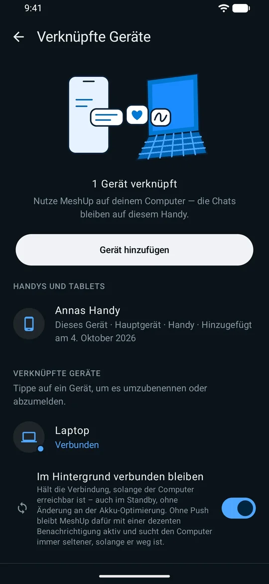 Verknüpfte Geräte: MeshUp am Computer ist direkt mit dem Handy verbunden