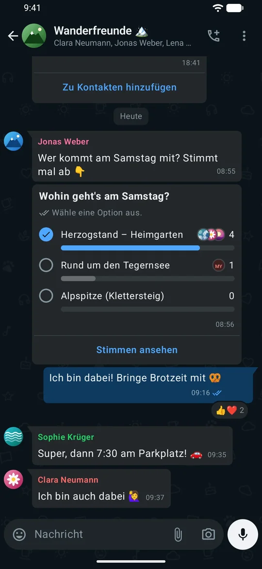 Gruppenchat mit Umfrage, geteiltem Kontakt und Reaktionen