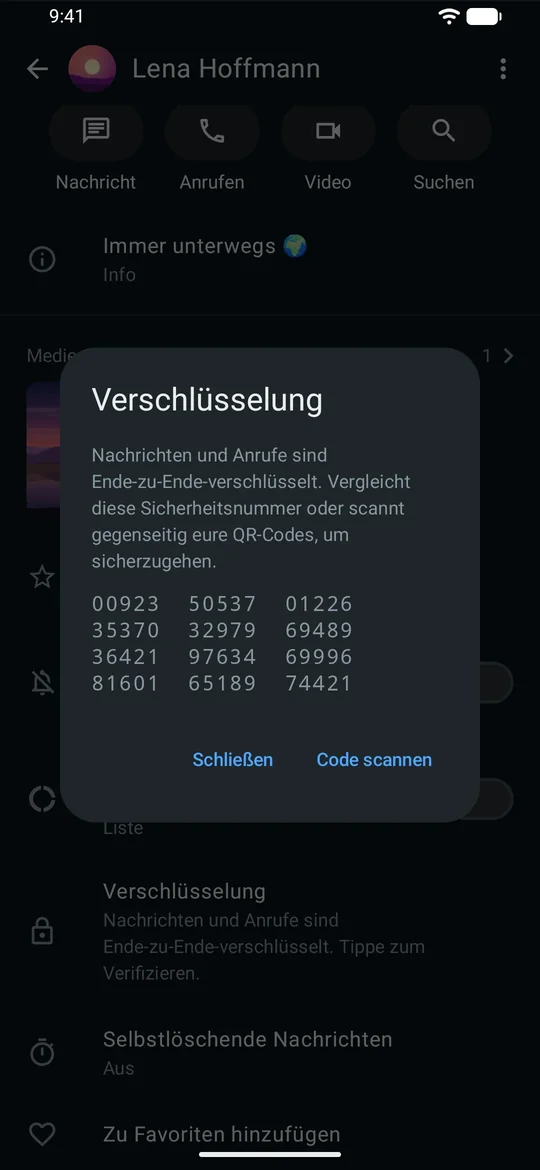 Sicherheitsnummer zum Prüfen der Ende-zu-Ende-Verschlüsselung