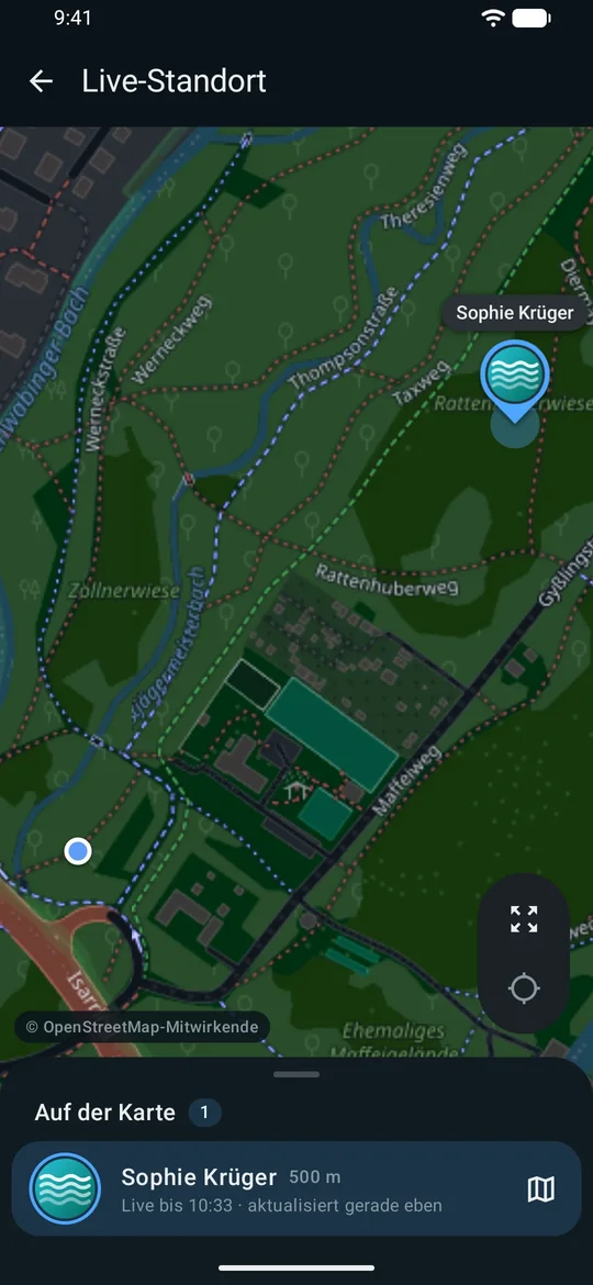 Live-Standort eines Kontakts auf der OpenStreetMap-Karte