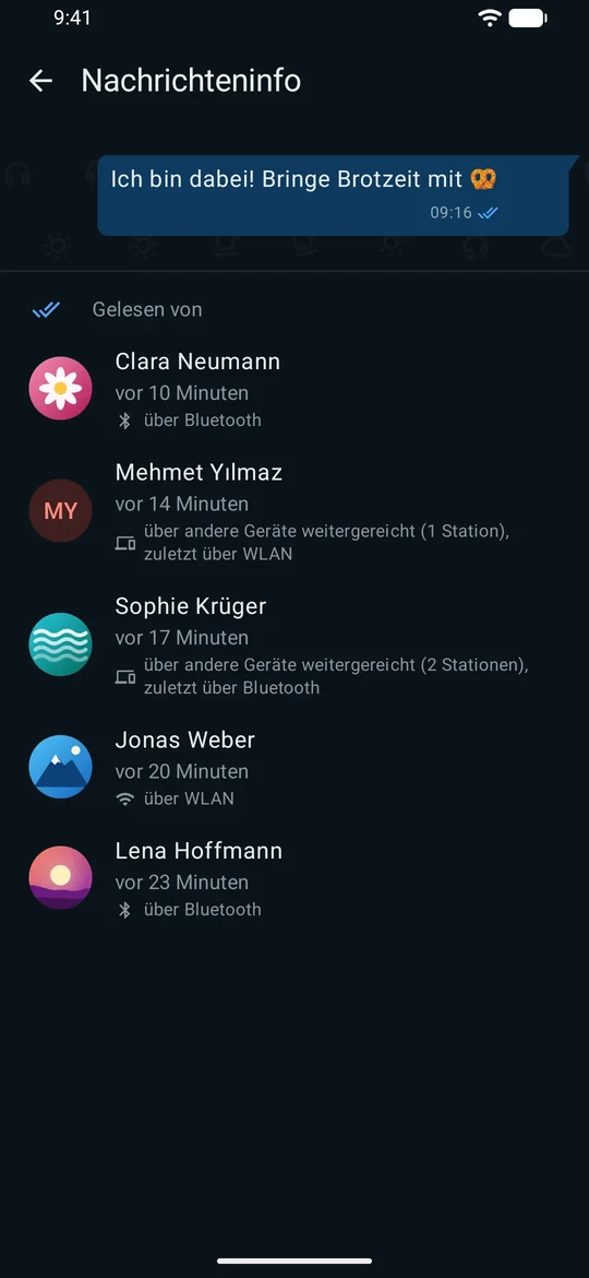 Nachrichteninfo mit dem Zustellweg je Empfänger: über Bluetooth, über WLAN oder über andere Geräte weitergereicht