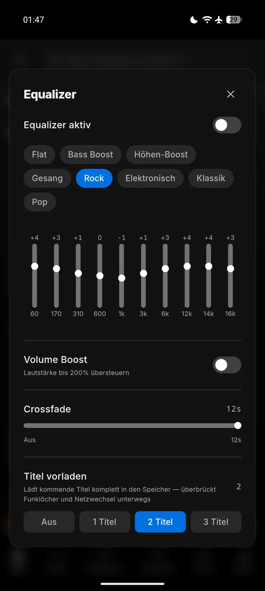 Android-App: 10-Band-Equalizer mit Presets, Volume Boost, Crossfade und Titel-Vorladen