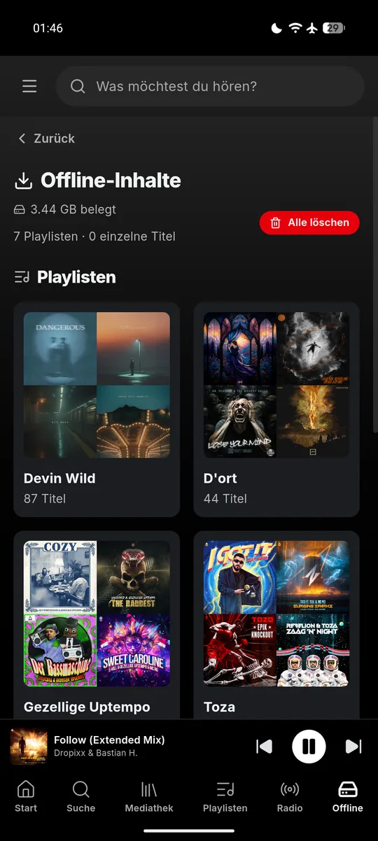 Android-App: Offline-Inhalte mit heruntergeladenen Playlists und belegtem Speicher