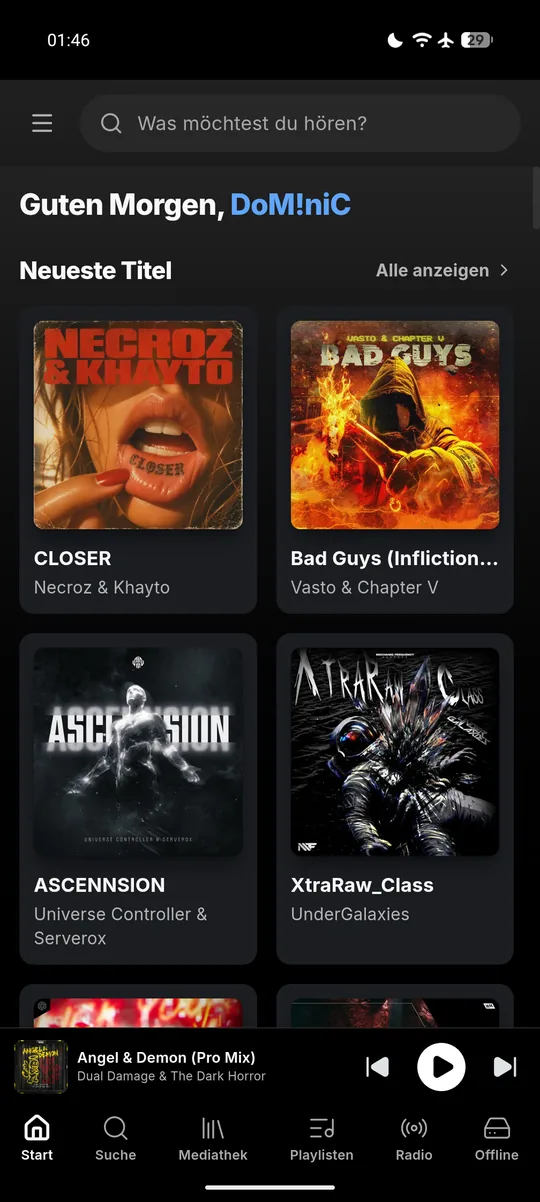 Android-App: Startseite mit den neuesten Titeln und Mini-Player