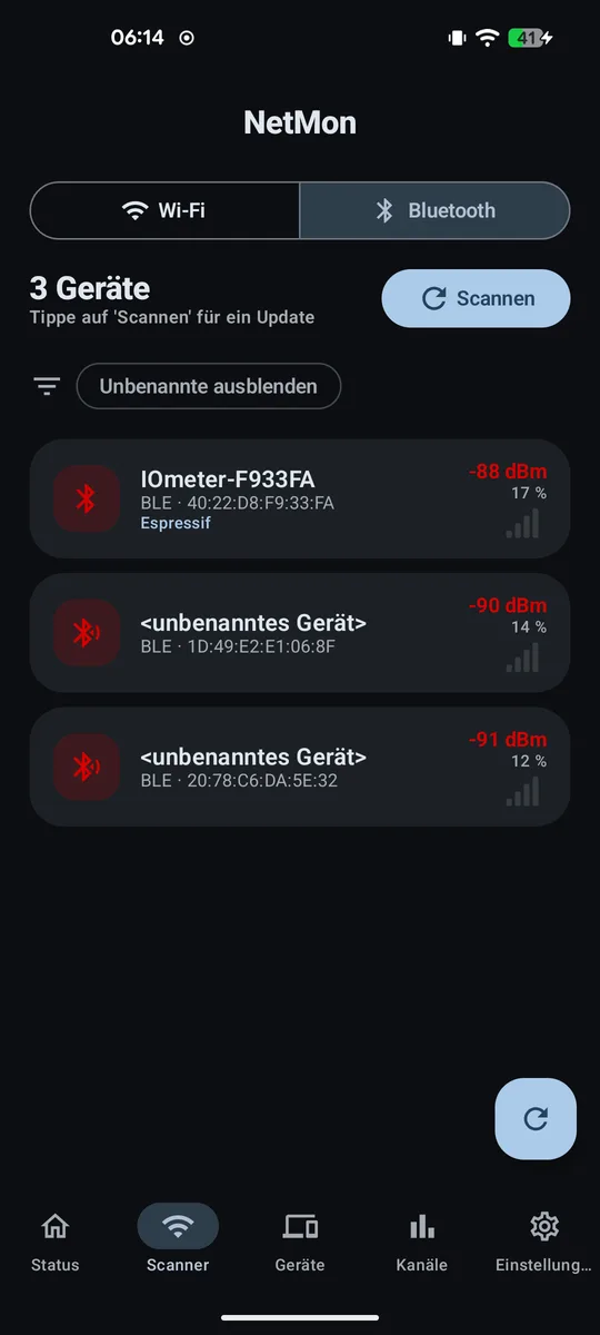 Bluetooth-Scanner mit BLE-Geräten, RSSI und Signalstärke