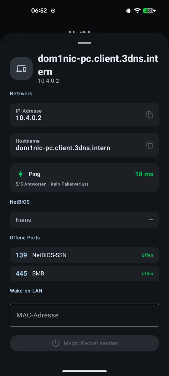LAN-Gerätedetails mit Ping, NetBIOS, offenen Ports und Wake-on-LAN