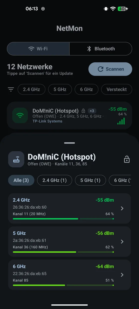 Detailansicht einer Multi-Band-SSID mit BSSIDs für 2,4, 5 und 6 GHz
