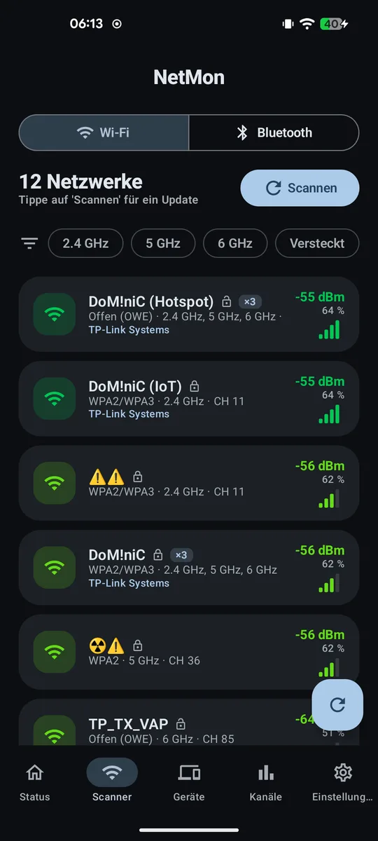 WLAN-Scanner mit Liste umliegender Netzwerke und Bandfiltern