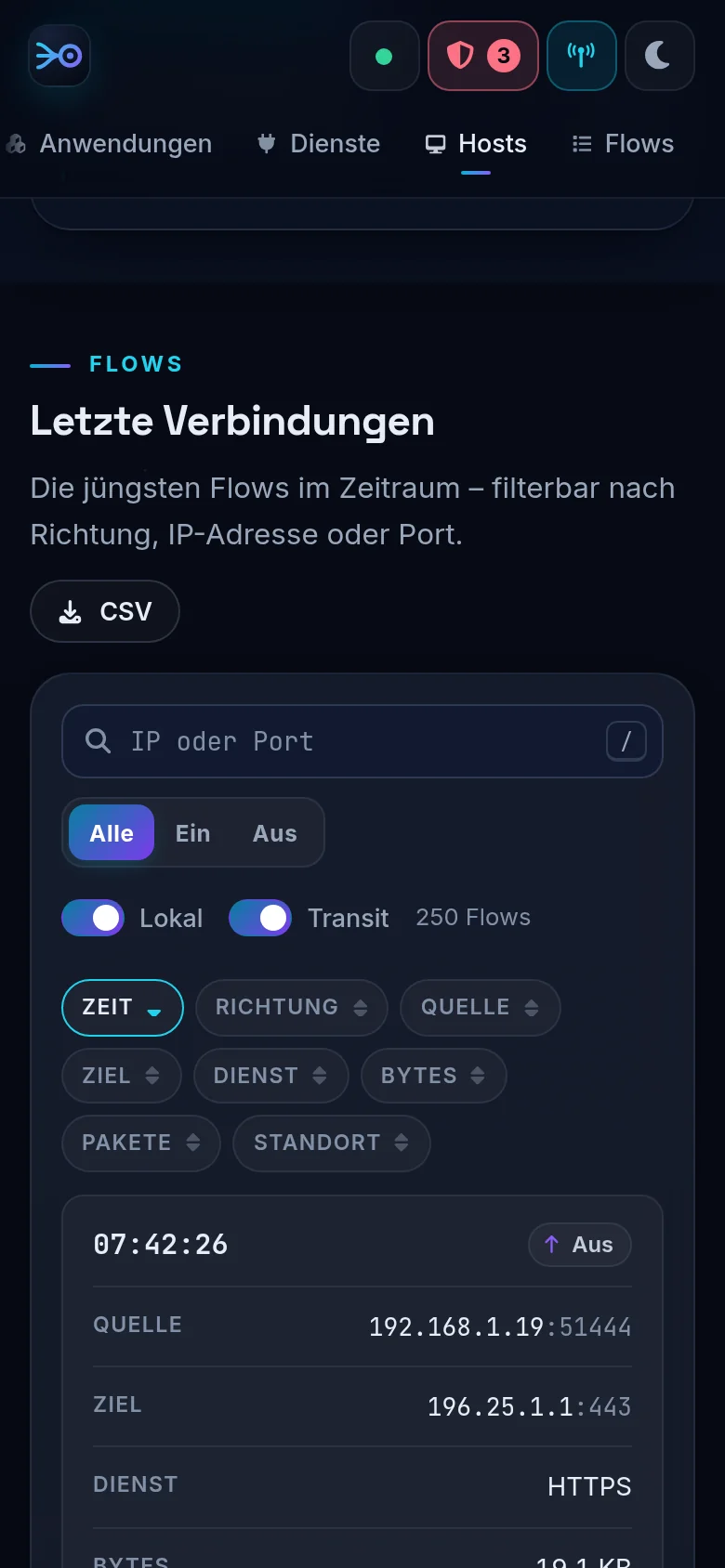 Letzte Verbindungen auf dem Telefon: je Flow Richtung, Quelle, Ziel, Dienst und Datenmenge