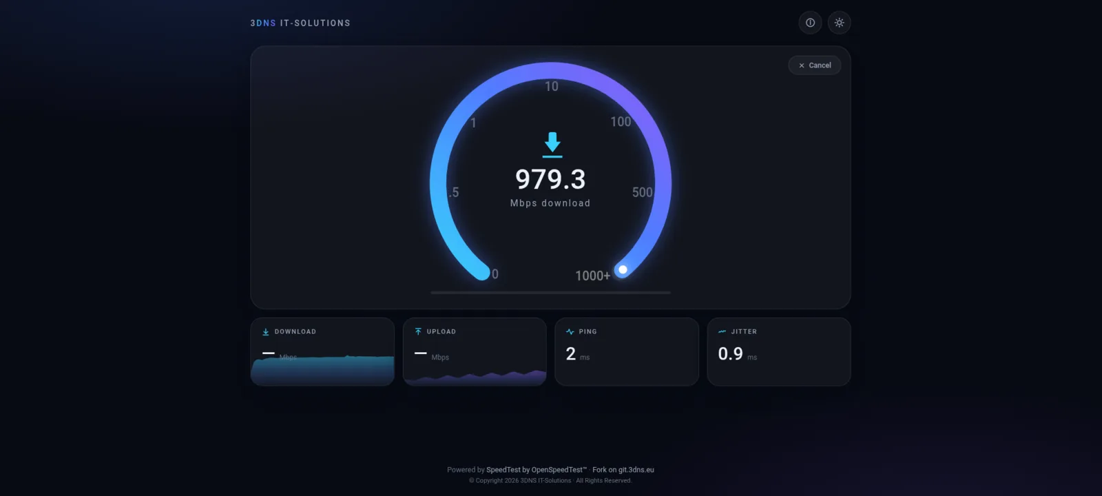 Laufender Download-Test mit Verlaufs-Tacho bei 979,3 Mbps und Live-Sparklines