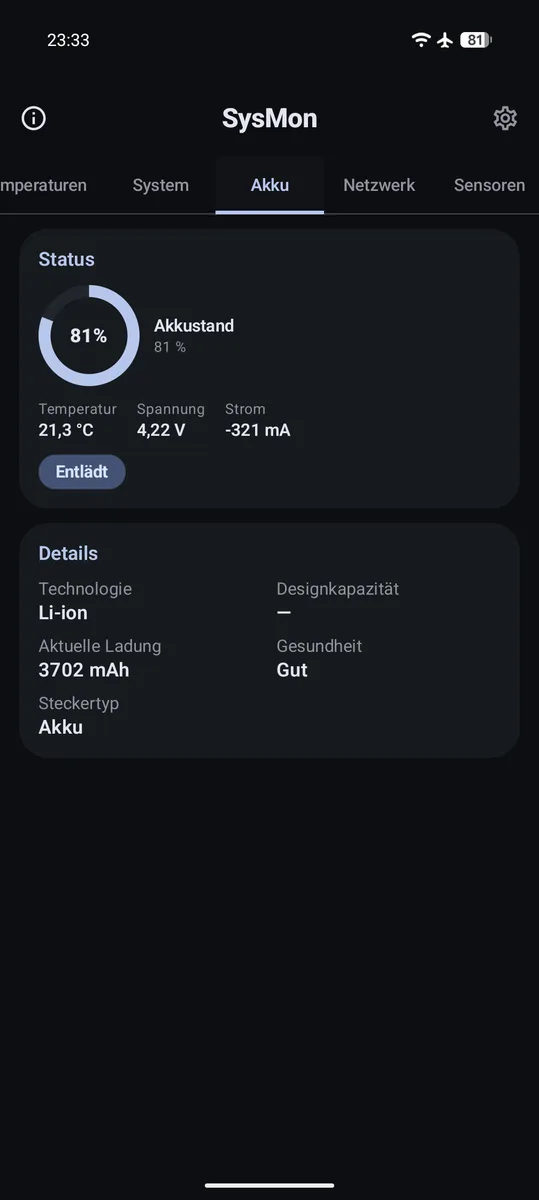 Akku-Tab mit Ladestand, Temperatur, Spannung und Details