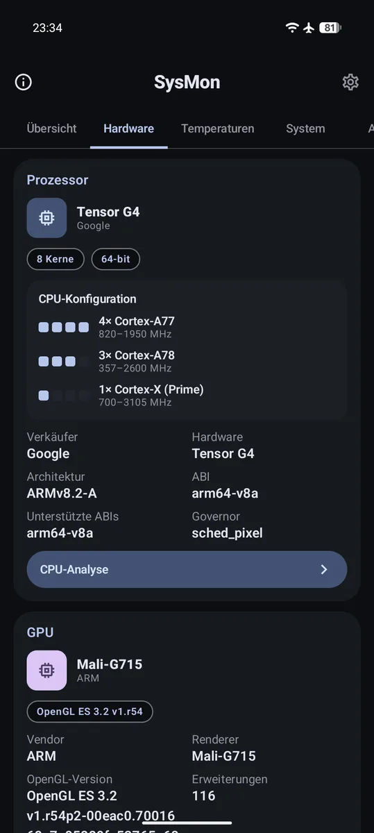 Hardware-Tab mit Prozessor-Clustern und GPU-Informationen