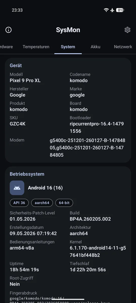 System-Tab mit Geräte- und Betriebssystem-Informationen