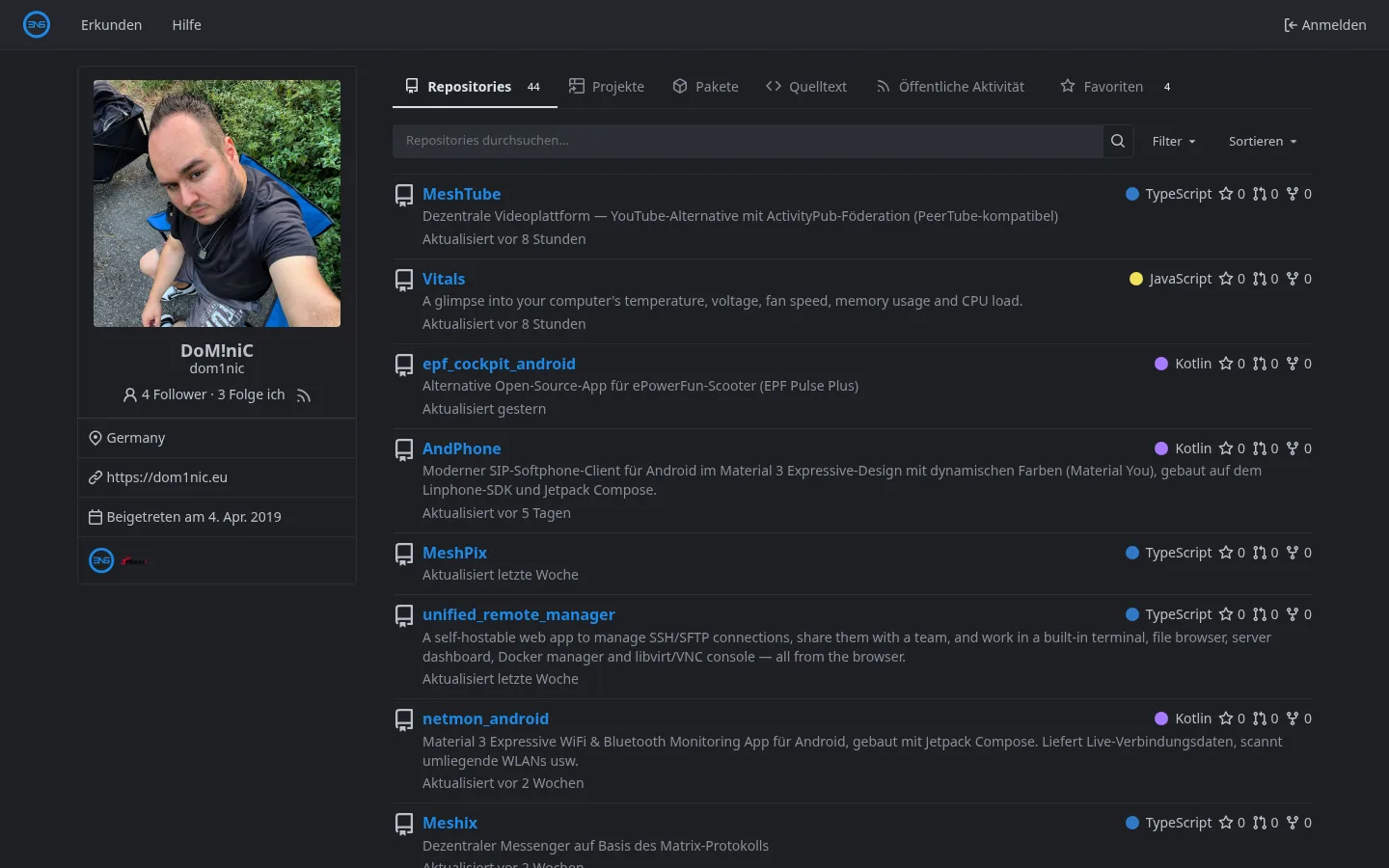 Gitea-Profil dom1nic mit öffentlichen Repositories wie MeshTube, AndPhone und MeshPix