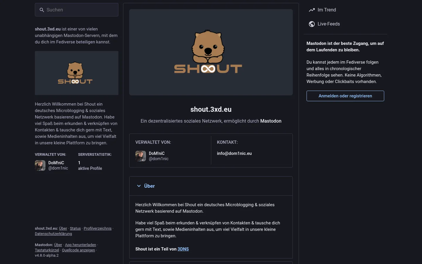 Über-Seite der Mastodon-Instanz shout.3xd.eu