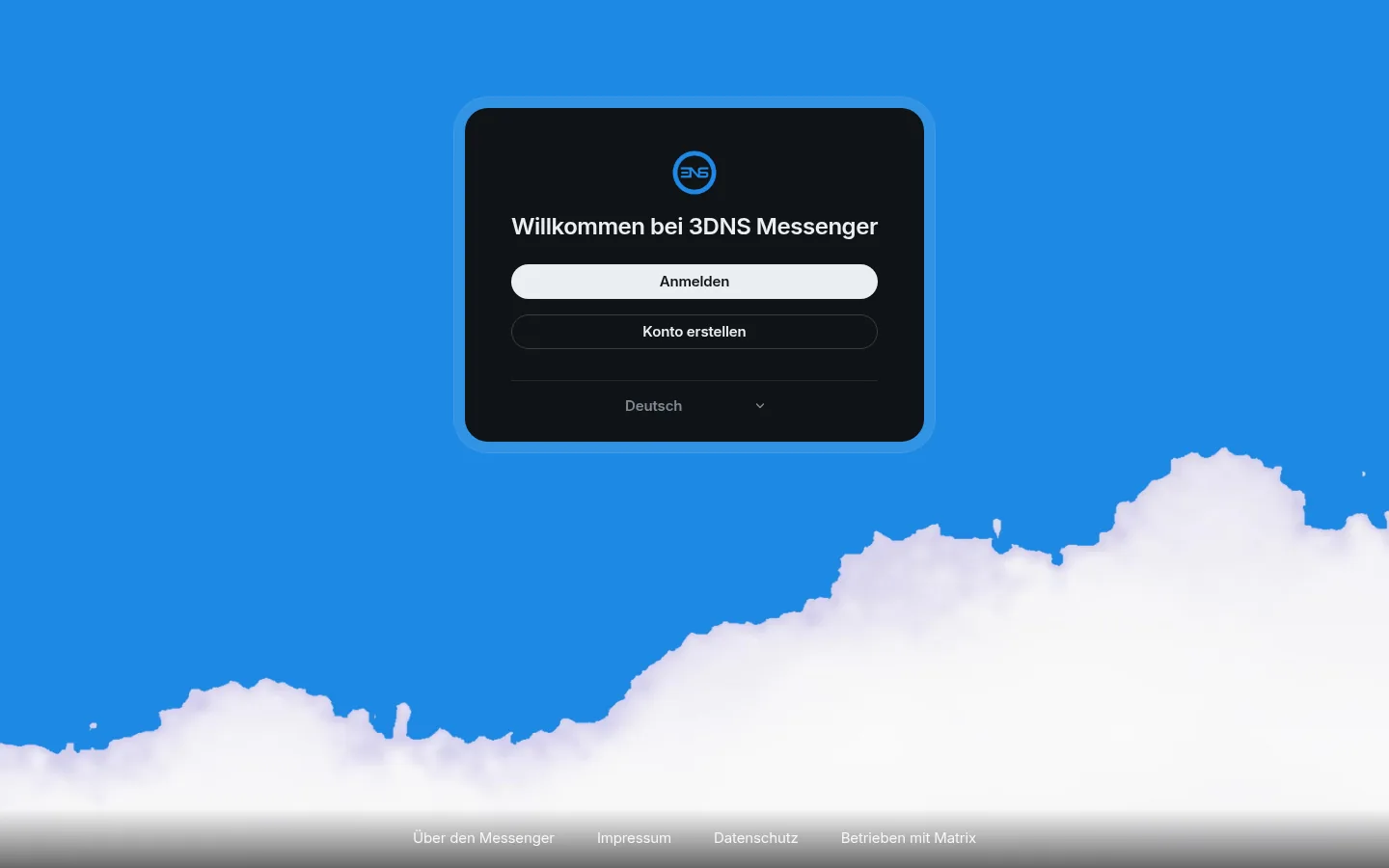 Startseite des 3DNS Messengers mit Anmelden und Konto erstellen